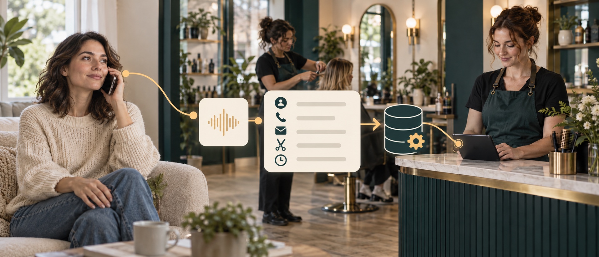 A salon customer calls while a stylist works with a client. The request and supplied contact details flow into a configurable database, then to staff review.