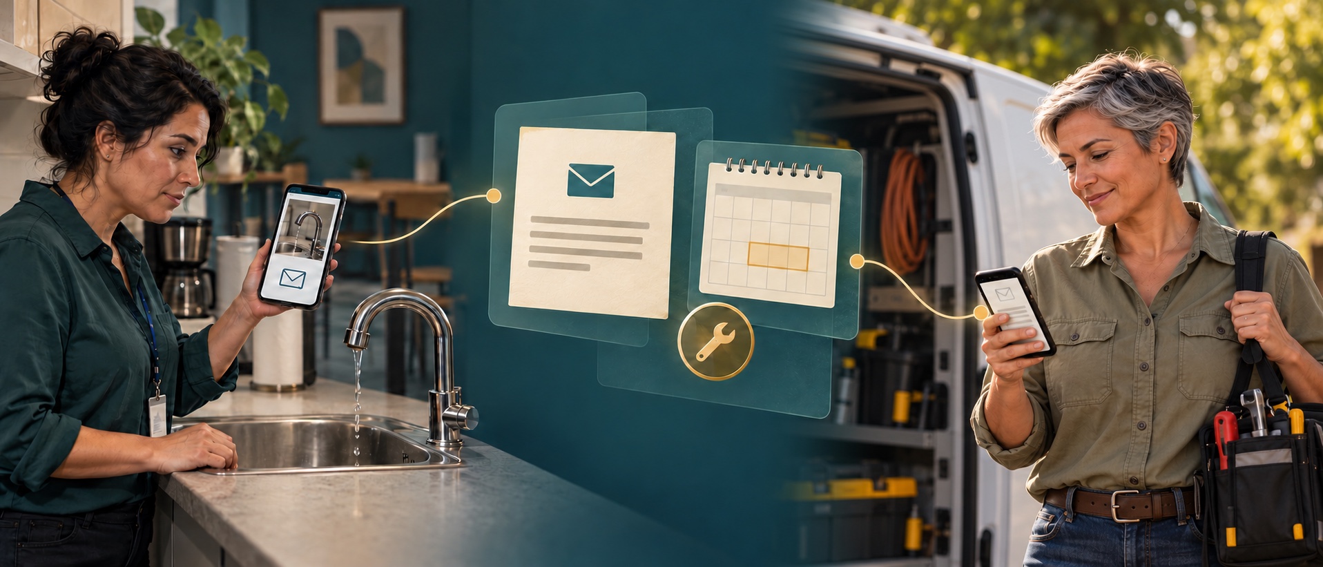 A customer reports a leaking tap. The request becomes a draft follow-up about visit times, which an operations lead reviews on a phone beside a service van.
