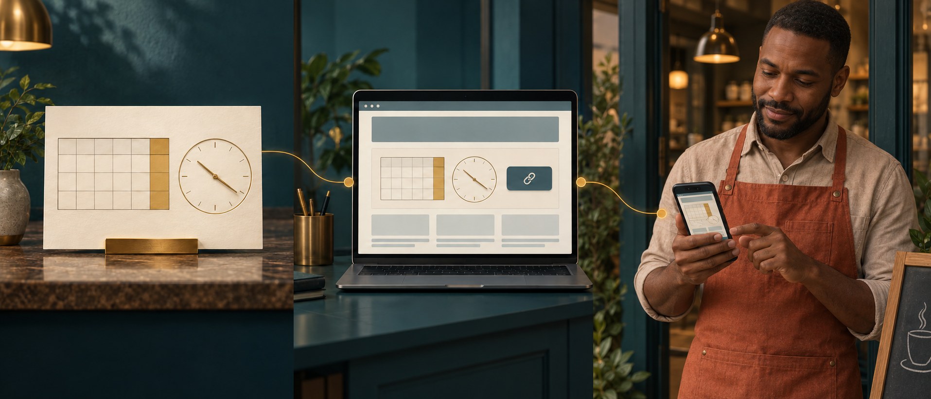 A calendar and proposed website page show an hours update. A café owner reviews the change on his phone at the entrance.